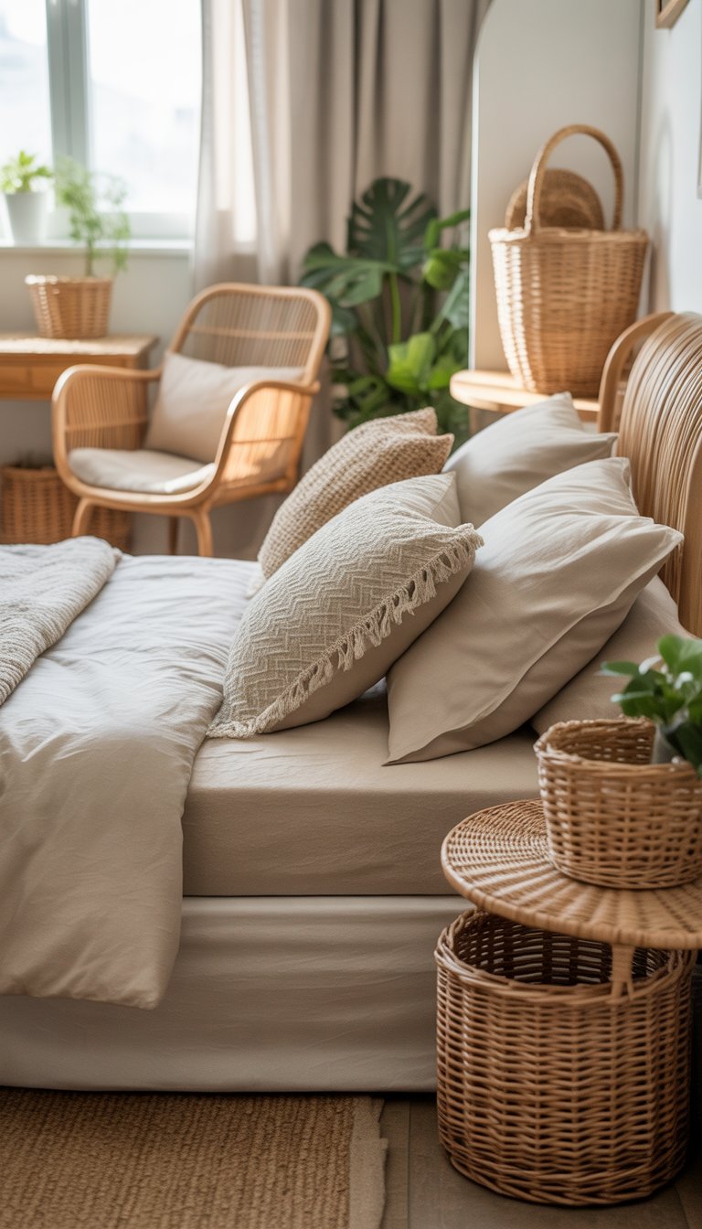 A bedroom with a bed, woven baskets, rattan furniture, and plants, lit by natural light.
