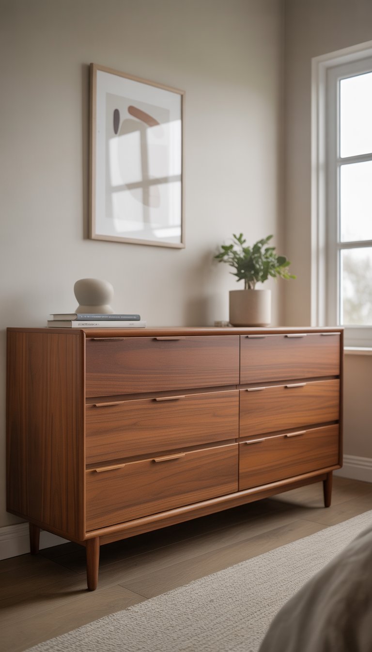 A teak dresser with clean lines in a bright bedroom with natural light and simple decor.