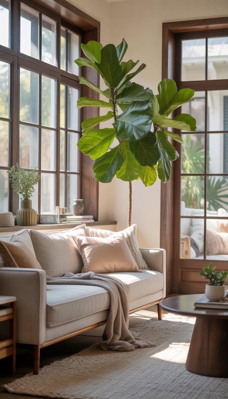 Cozy living room with a tall fiddle leaf fig tree next to a sofa and warm natural lighting.