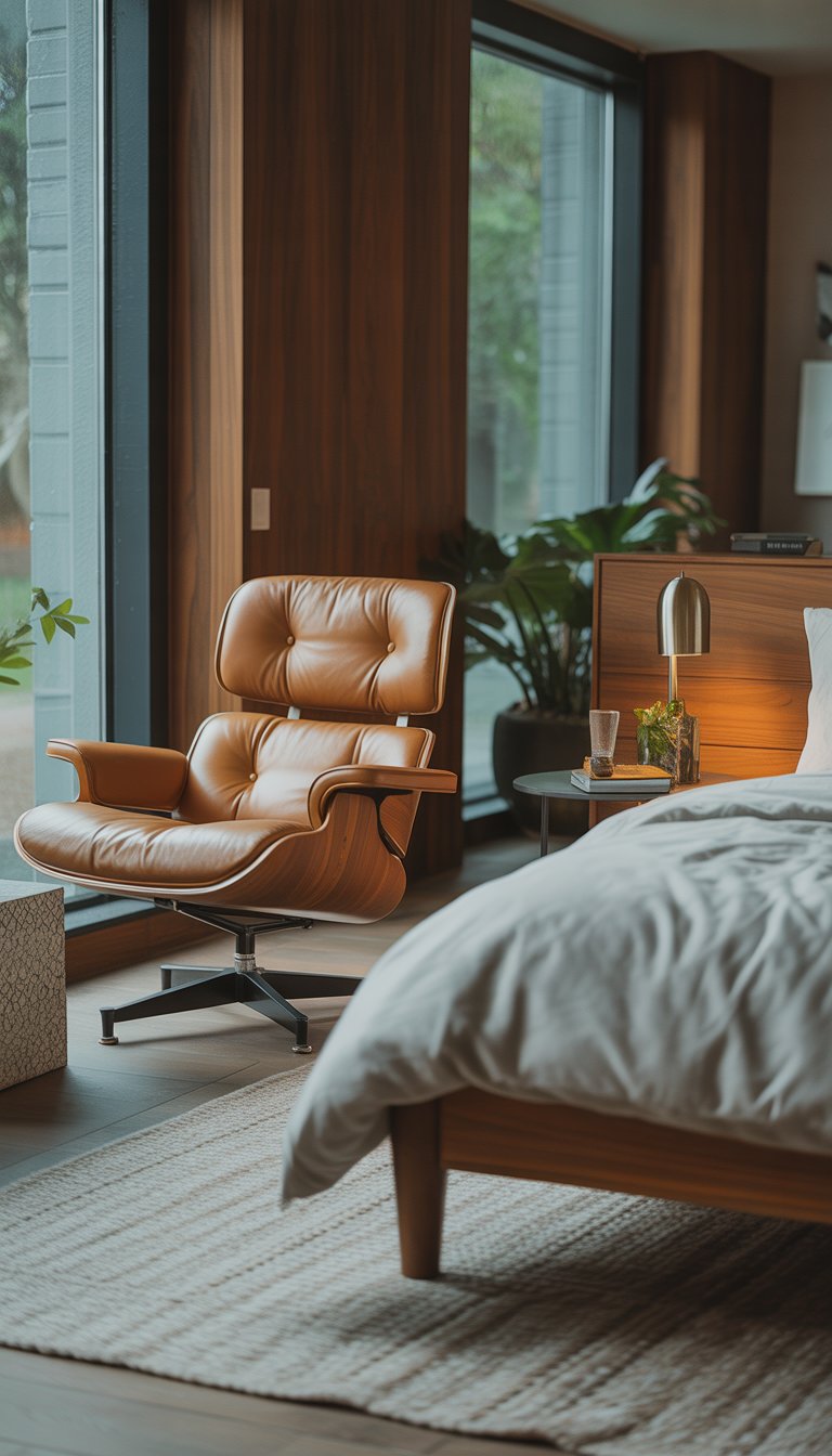 A bedroom with a lounge chair near a window, a bed with white bedding, a side table with a lamp, and some plants.