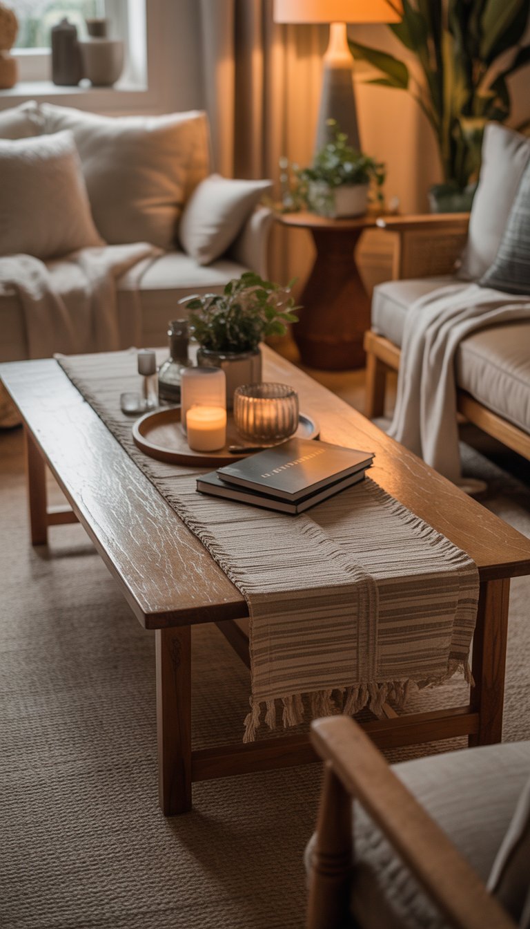 A wooden coffee table with a textured runner in a cozy living room with comfortable seating and warm lighting.