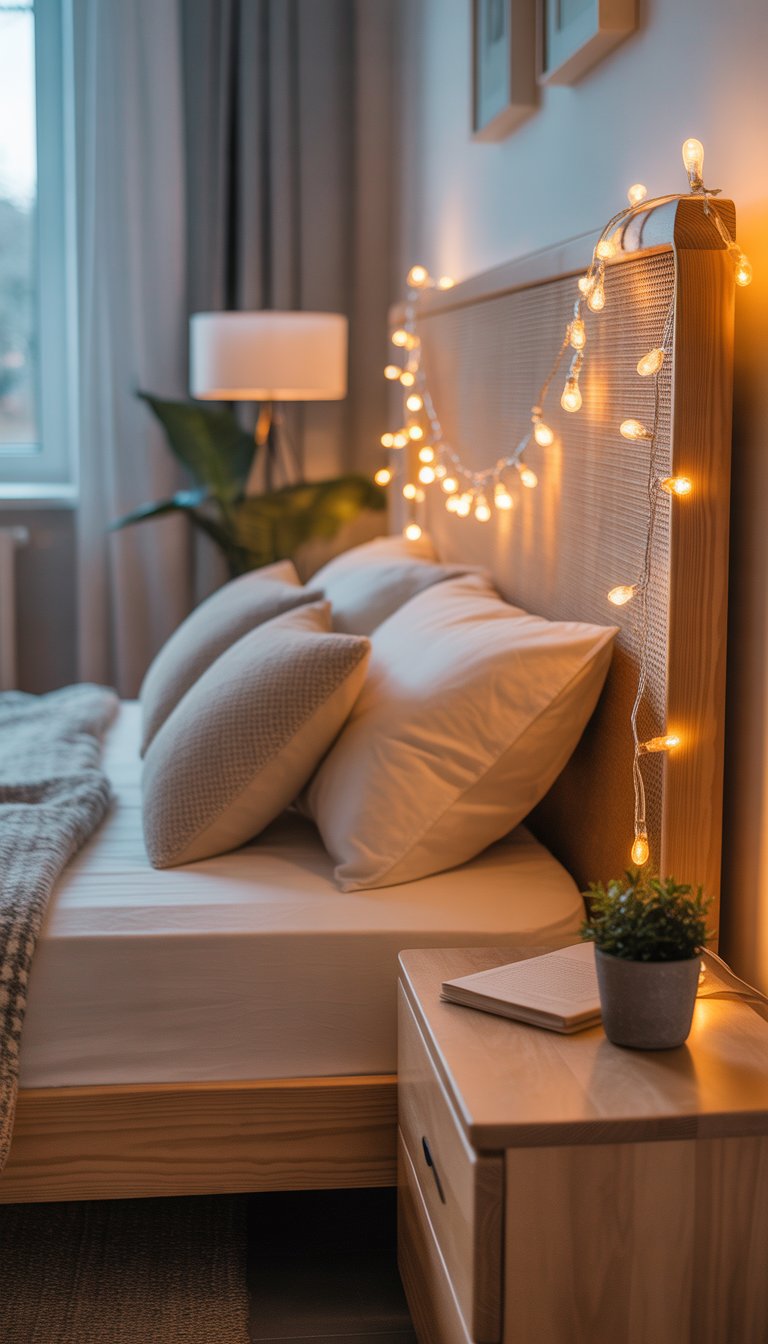 A bedroom with a bed, bedside table, and warm glowing fairy lights hanging around the headboard.