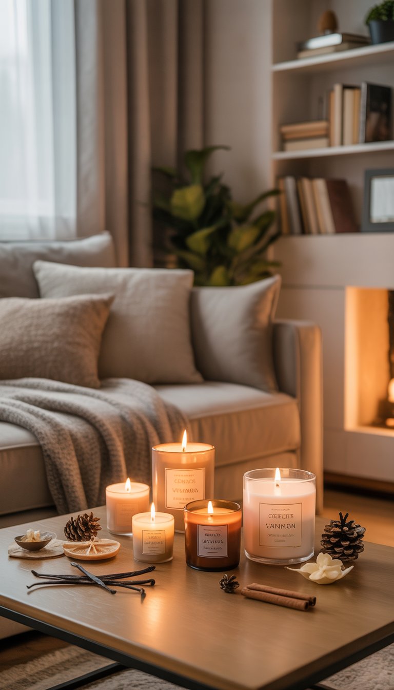 A cozy living room with scented cinnamon and vanilla candles on a wooden coffee table surrounded by comfortable seating, soft pillows, and warm natural light.