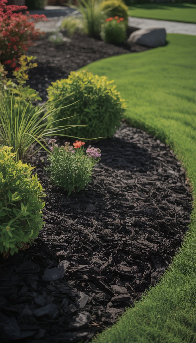 A landscaped garden with green plants and colorful flowers bordered by black mulch under natural sunlight.