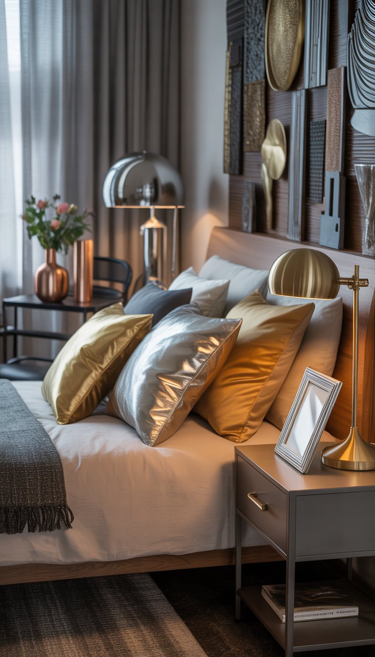 A bedroom with a bed, nightstand, lamp, metal wall art, and decorative items, all arranged in a cozy and inviting setting.