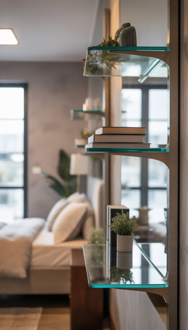 A bedroom with floating glass shelves mounted on the wall using metallic brackets, decorated with plants and books, and a neatly made bed in the background.