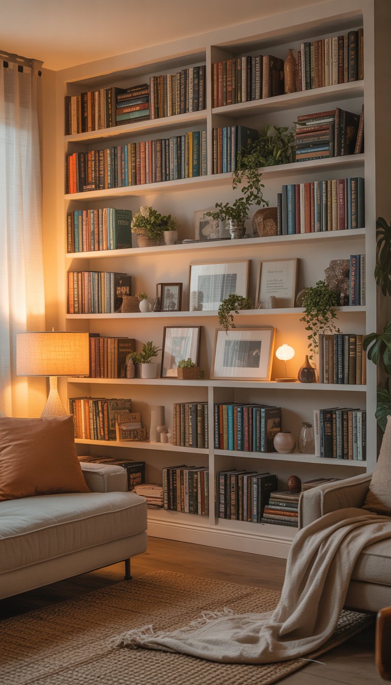 Cozy living room with a built-in bookshelf filled with books and decorative items, a comfortable armchair, and warm natural lighting.
