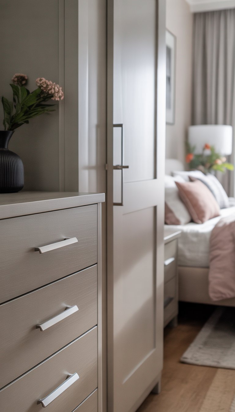 A bedroom showing a dresser and door with modern metal handles and drawer pulls.