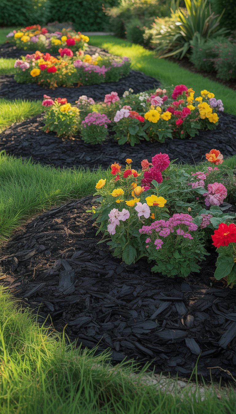 A garden with colorful flower beds surrounded by black mulch creating strong contrast.