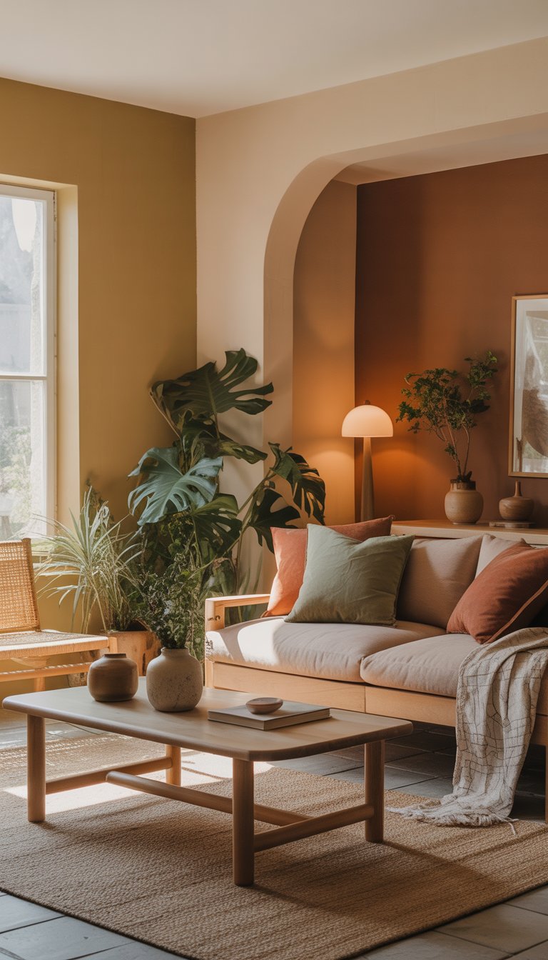 A cozy living room with earth-toned walls, a comfortable sofa, wooden furniture, indoor plants, and soft natural lighting.