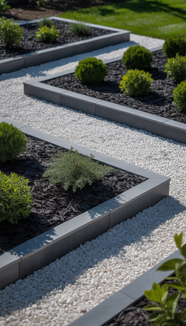 A garden with clean pathways bordered by black mulch and white gravel, surrounded by plants and green grass.