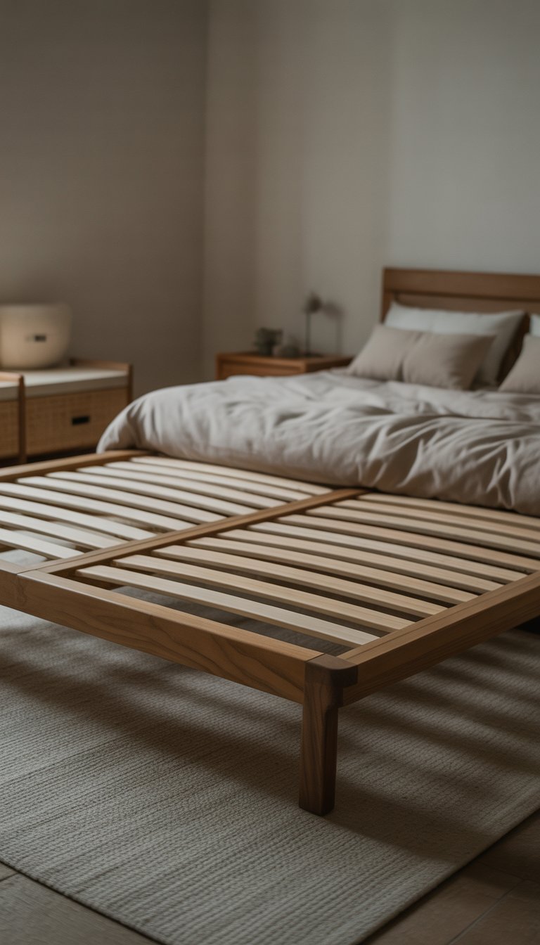 A minimalist platform bed with wooden slats in a bright, uncluttered bedroom with a bedside table and lamp.