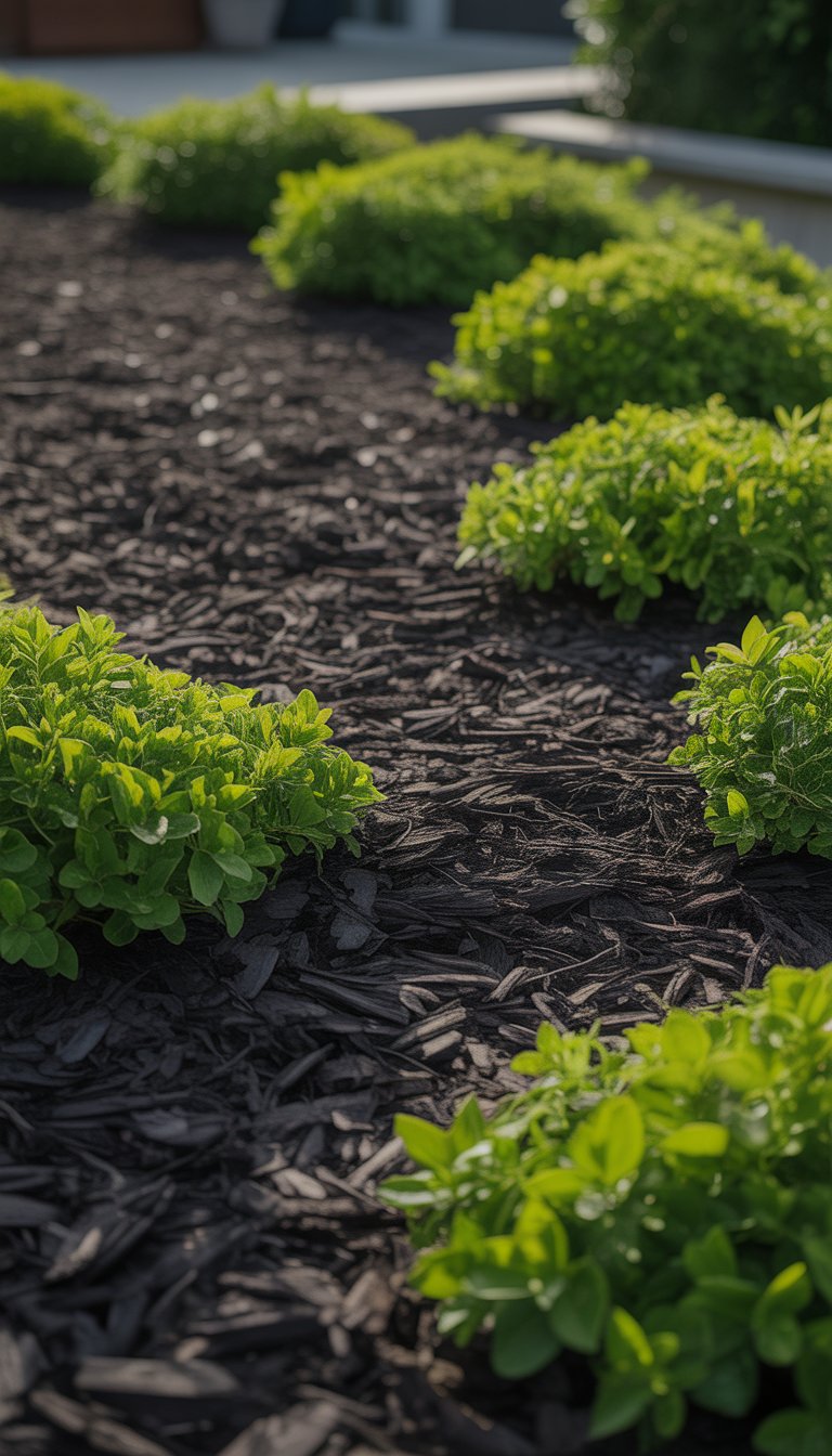 A garden bed with dark black mulch and bright green ground cover plants.