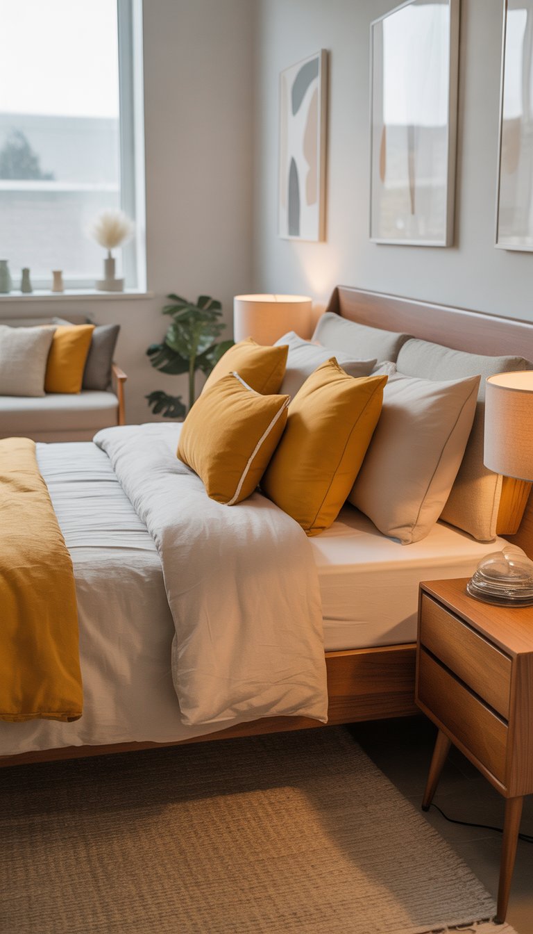 A bedroom with a bed, mustard yellow pillows, wooden furniture, a window letting in natural light, and decorative elements on the walls.