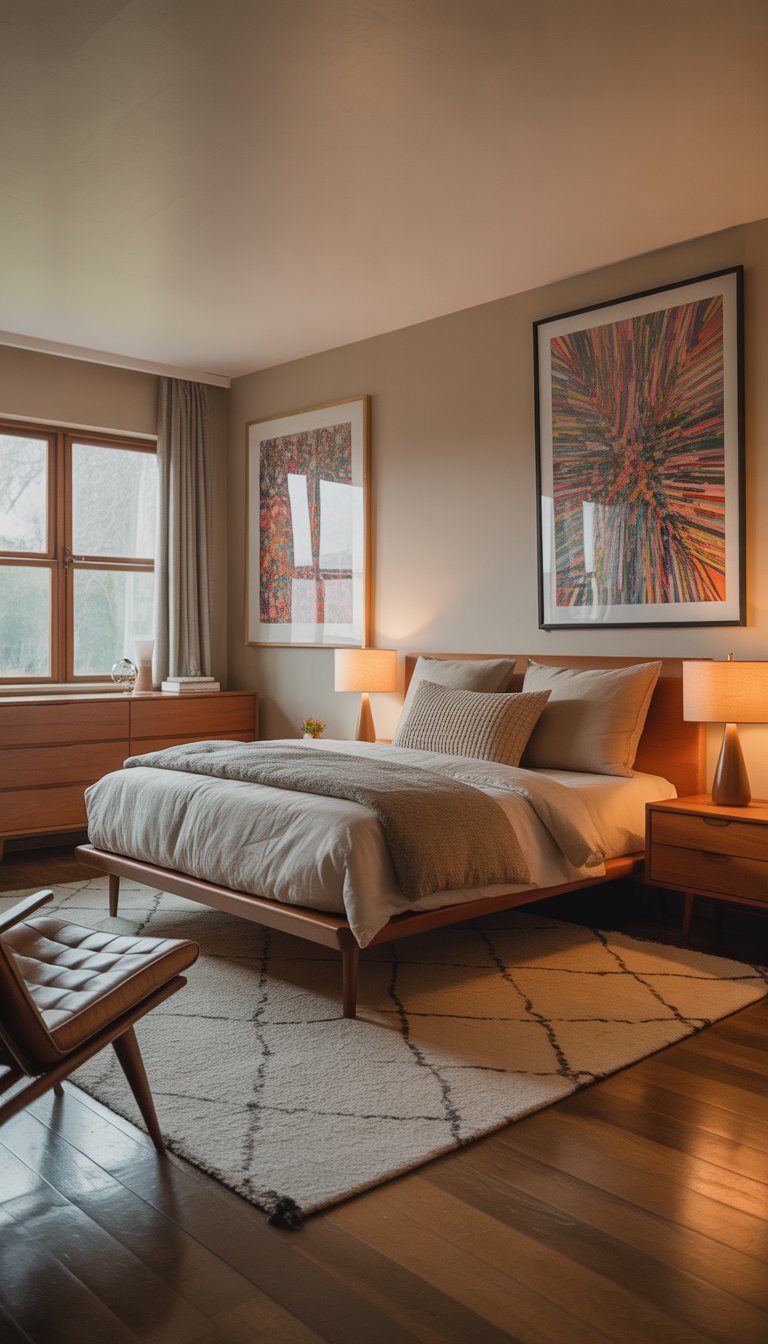 A bright bedroom with a wooden bed, colorful abstract art on the walls, a wooden dresser, and natural light coming through large windows.