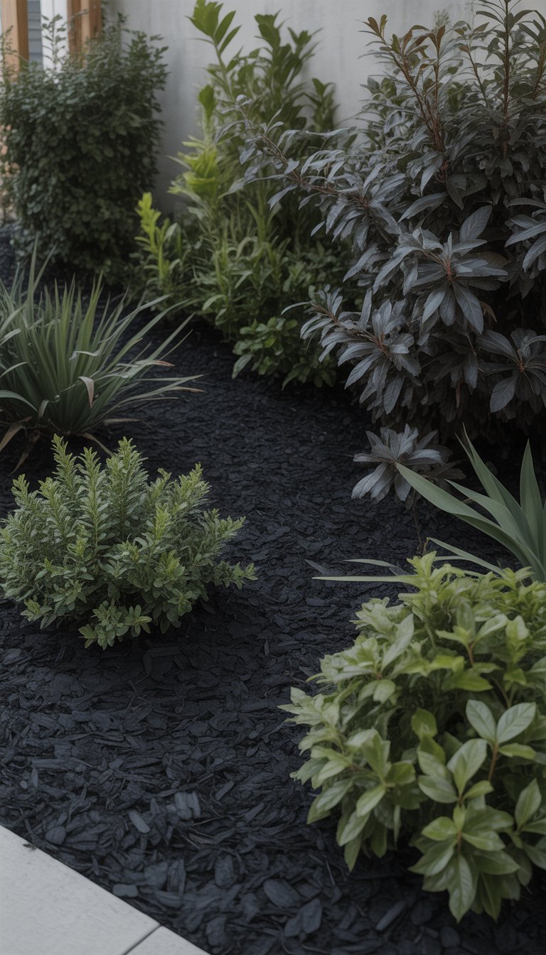 A garden bed filled with black mulch and dark green to black foliage plants arranged neatly.