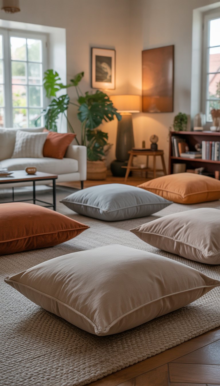 A cozy living room with oversized floor pillows arranged for extra seating around a sofa and soft rug, illuminated by natural light from large windows.