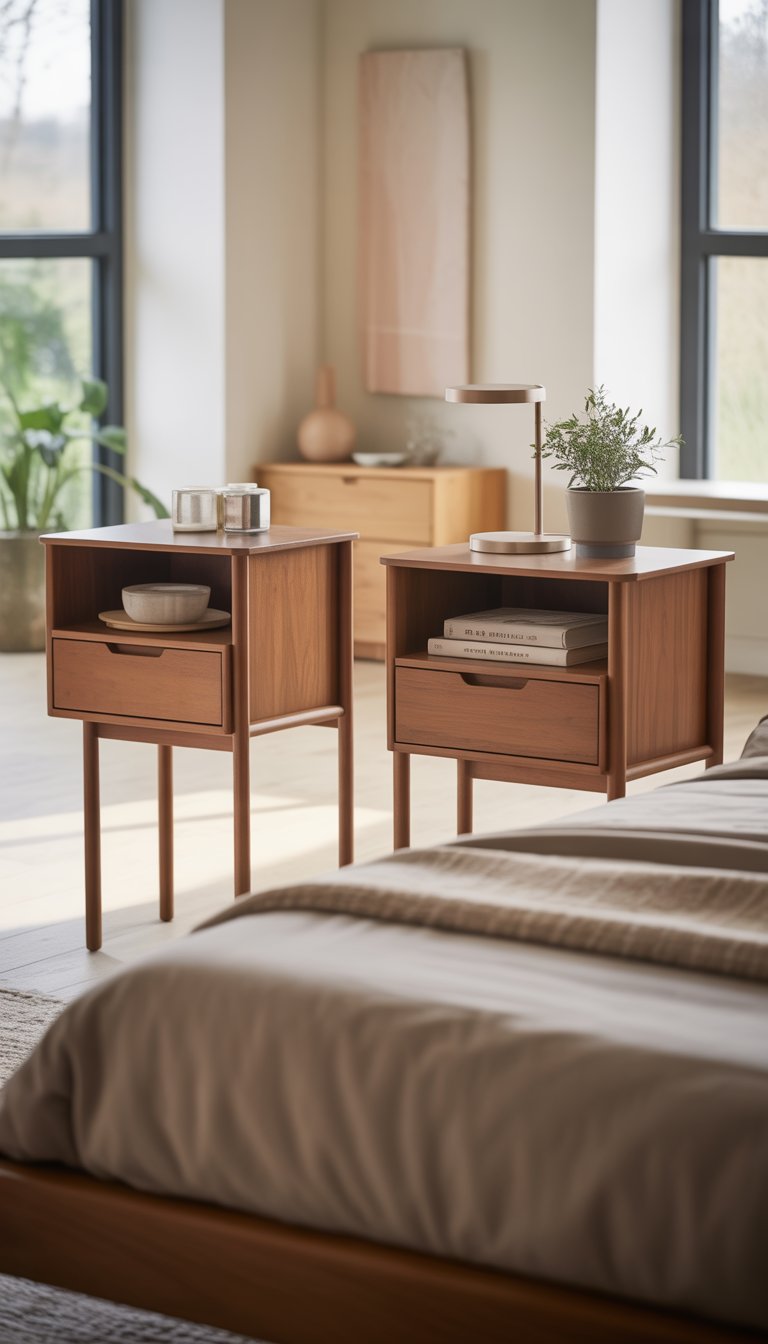 A bedroom scene showing a bed with two slim bedside tables with drawers on each side, decorated with lamps, plants, and books.