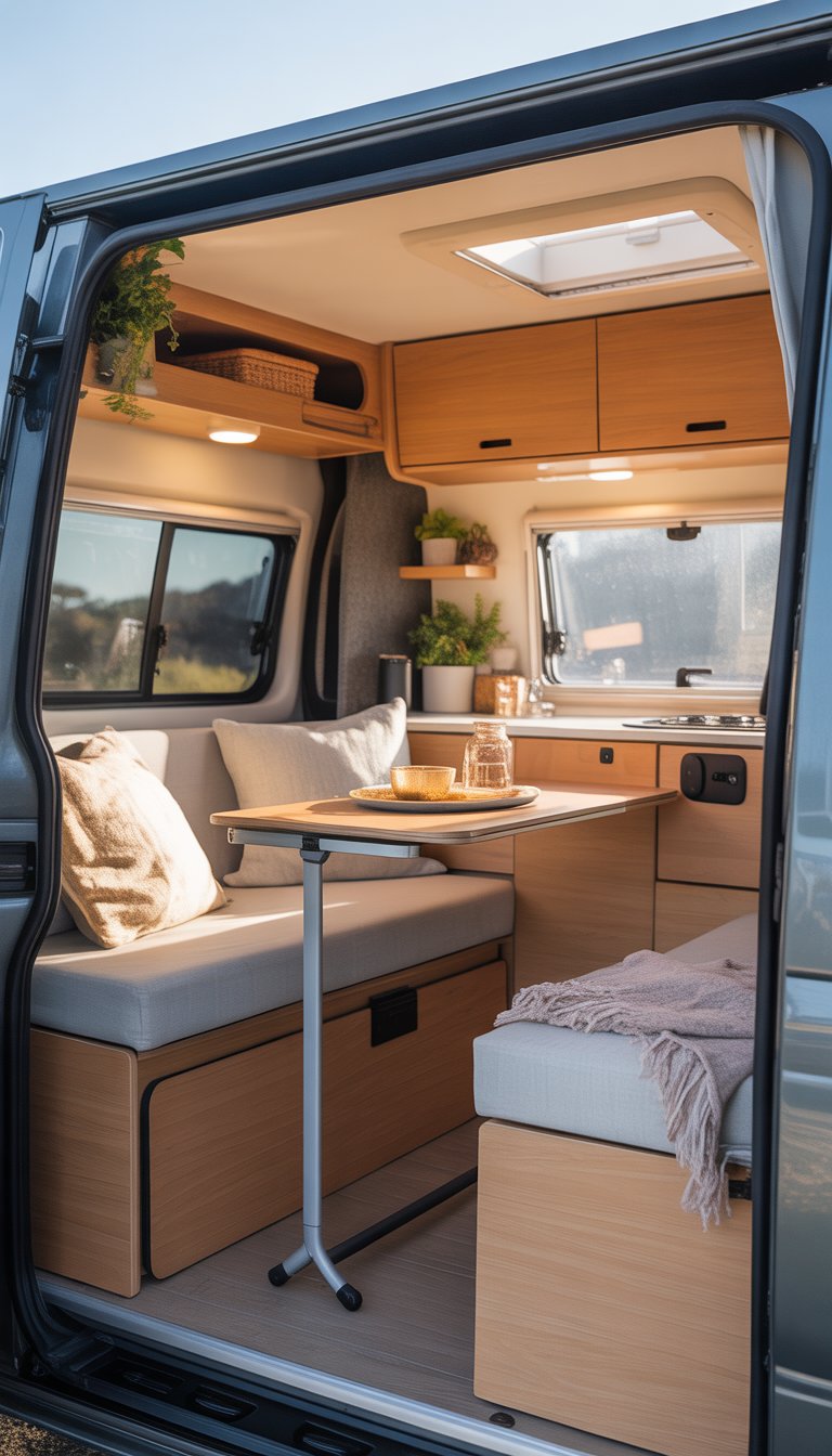 Interior of a small camper van with compact living space, wooden cabinets, foldable table, kitchenette, and cozy seating.