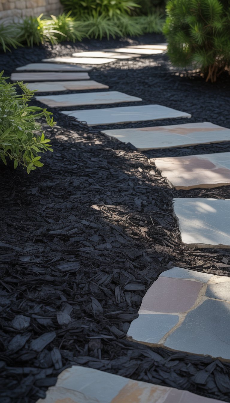 Stone pavers surrounded by black mulch and green plants in a landscaped outdoor area.