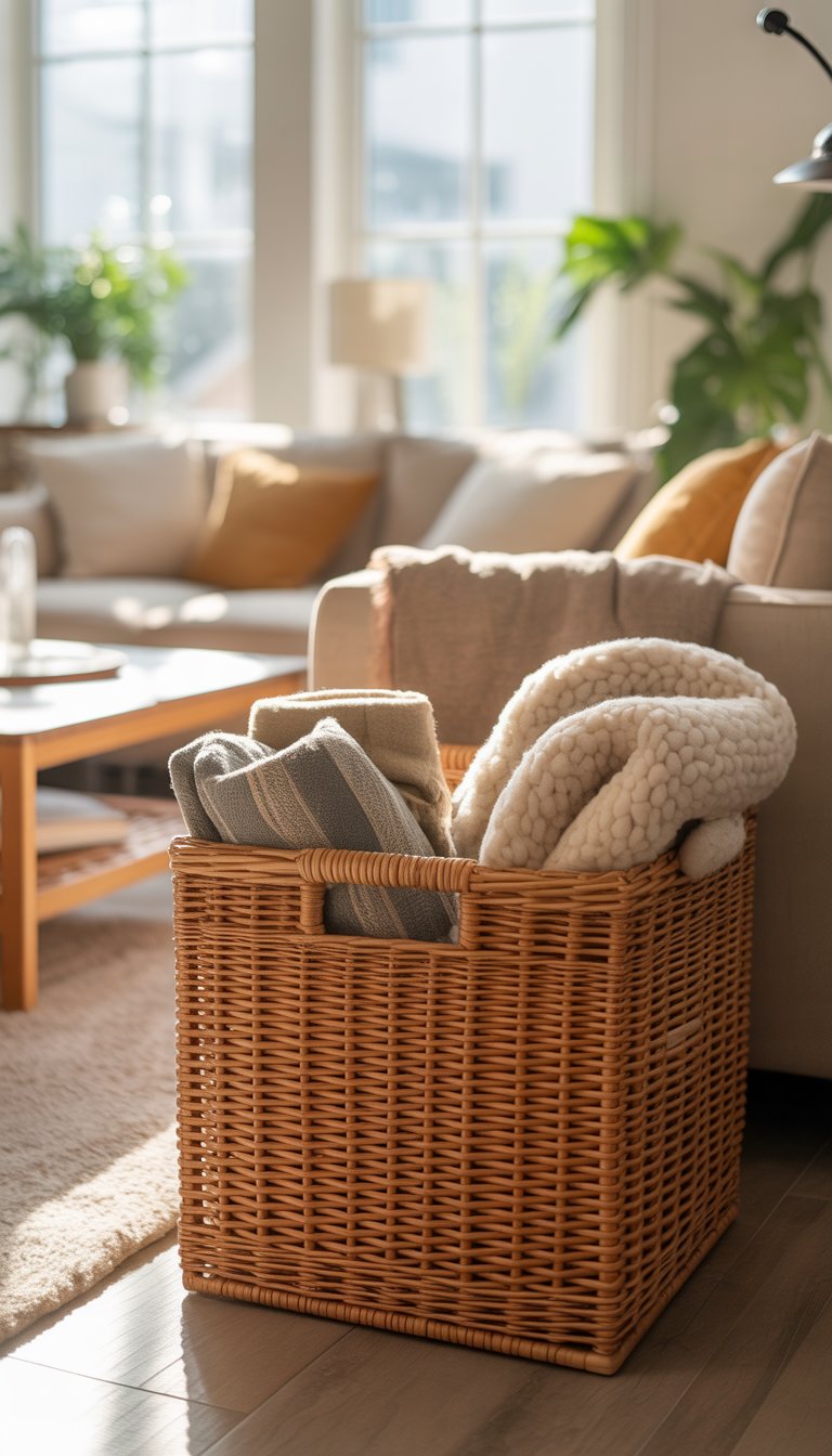 Living room with a wicker basket holding throw blankets next to a sofa and a coffee table.