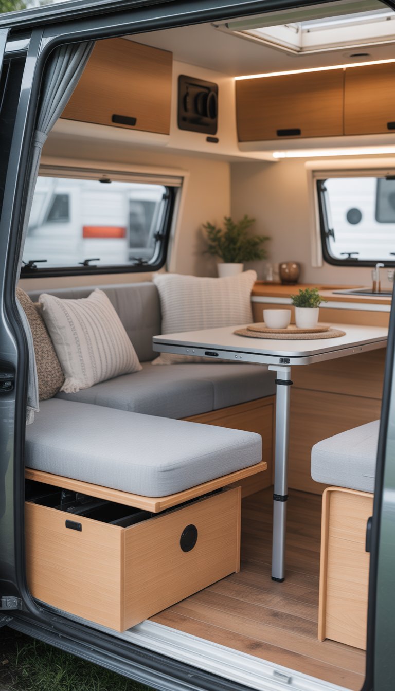Interior of a small camper with a fold-out bed and foldable table arranged to maximize space.
