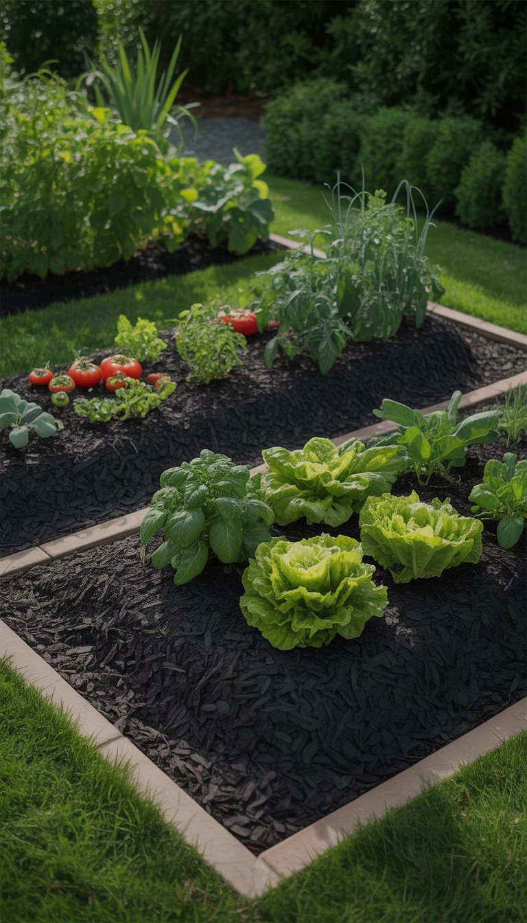 A vegetable garden with neat black mulch framing the beds and healthy green plants growing inside.