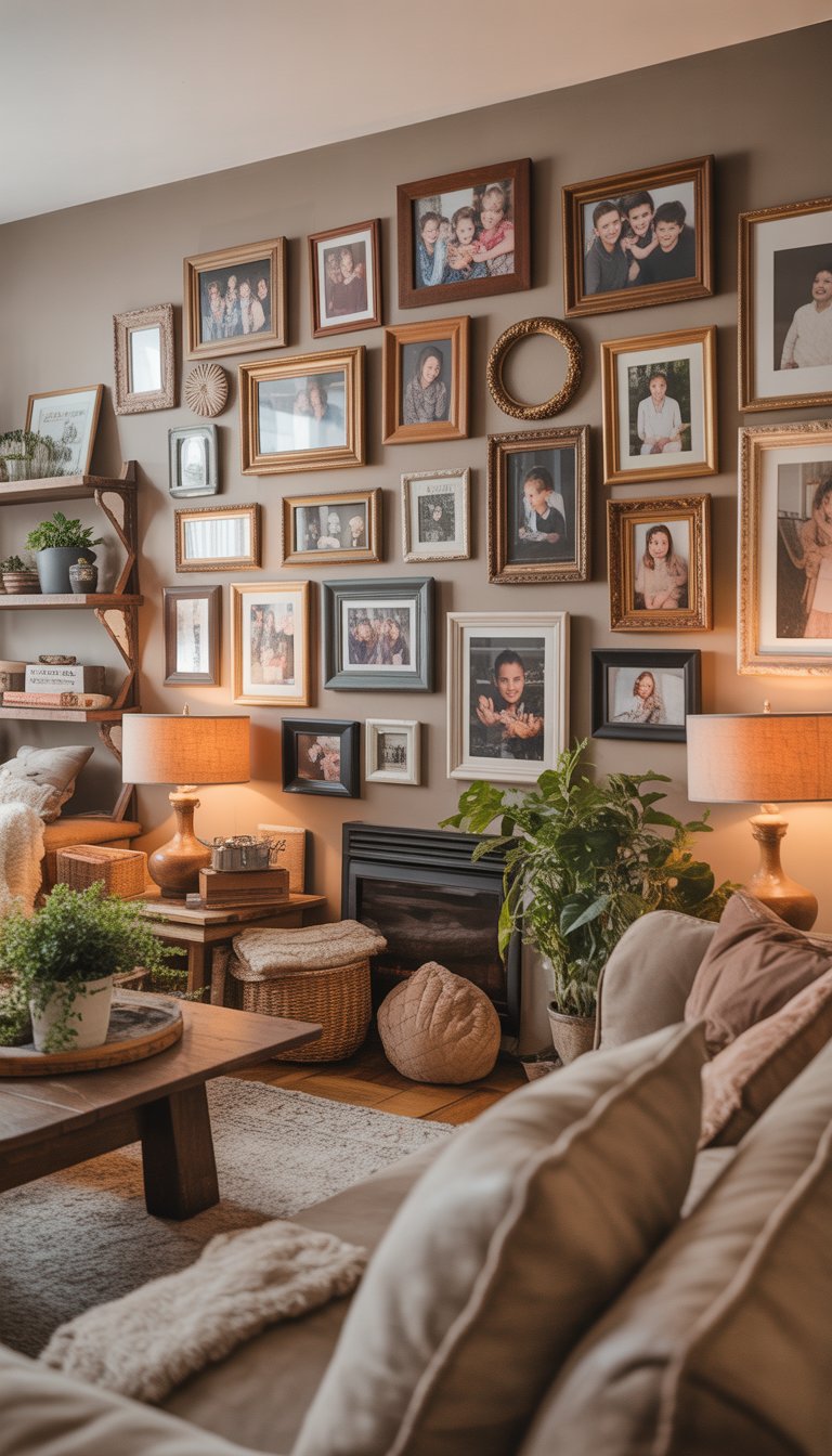 A cozy living room with a wall of vintage family photo frames, comfortable seating, warm lighting, and decorative plants.