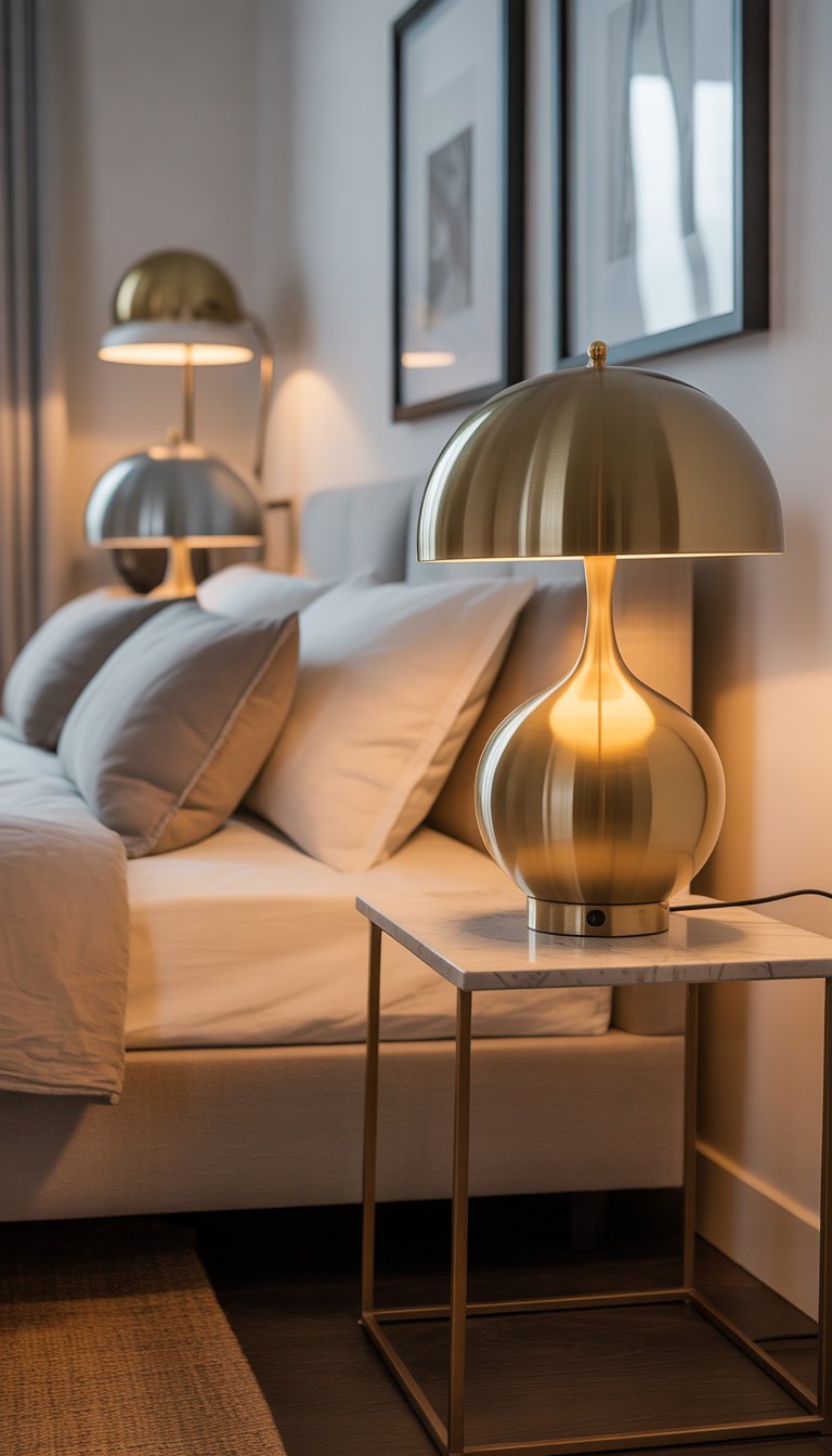 A bedroom with a bed, bedside tables, and brass and chrome table lamps providing soft light.
