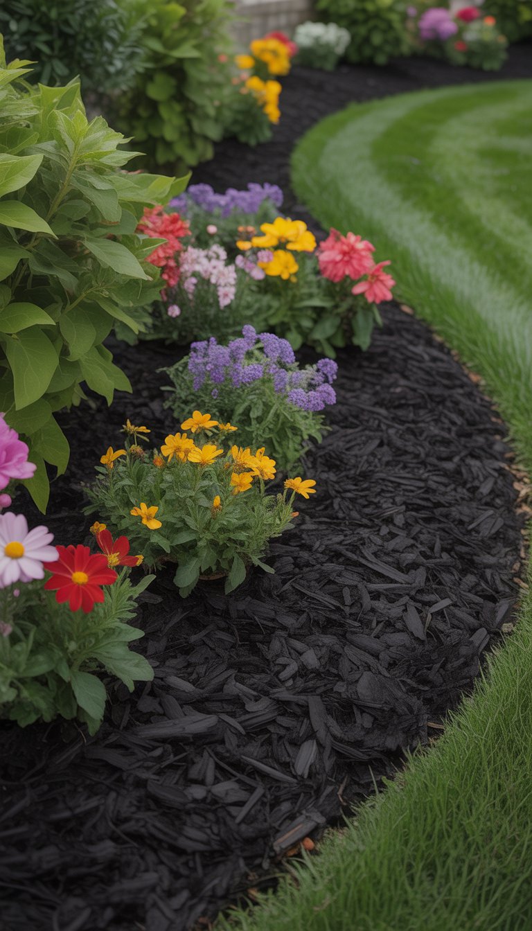 A garden bed with black mulch and colorful blooming annual flowers surrounded by green foliage and grass.