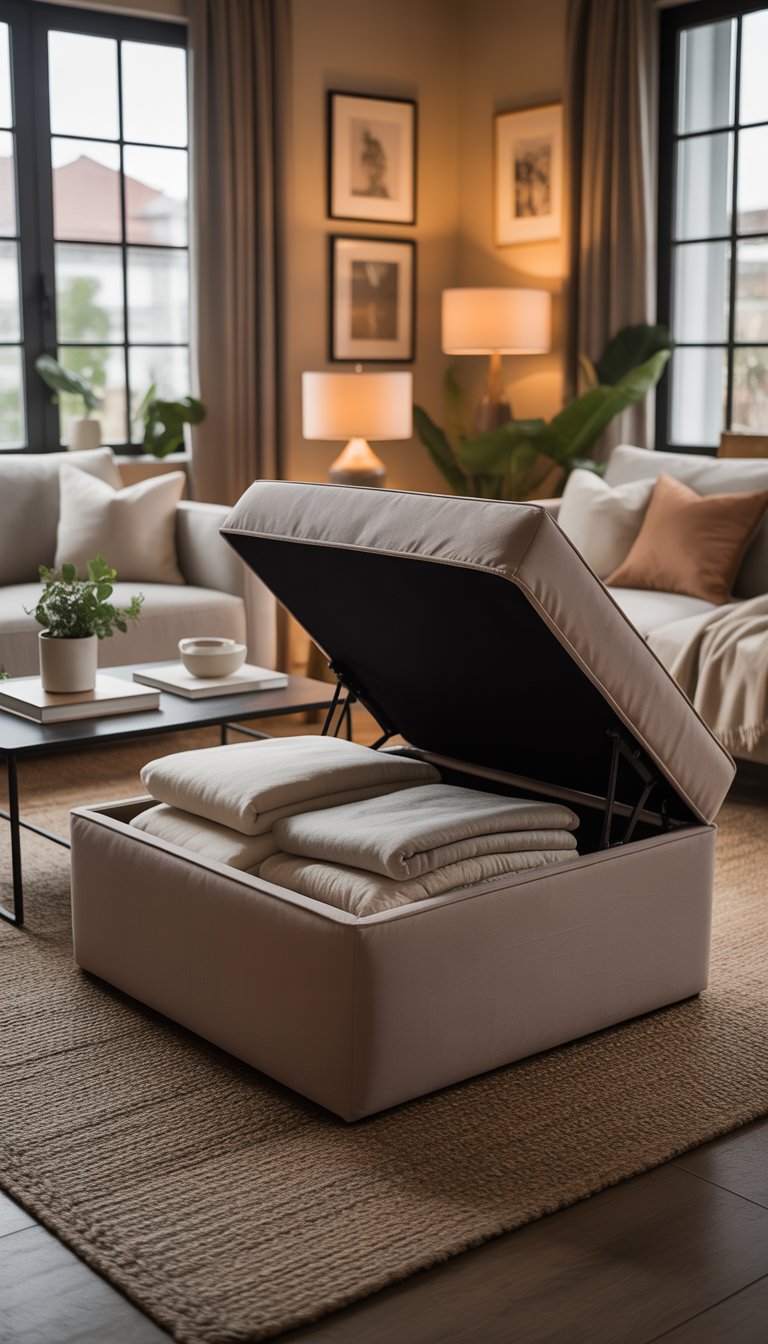 A cozy living room with a fabric ottoman open to show blankets inside, surrounded by a sofa, armchairs, plants, and warm lighting.