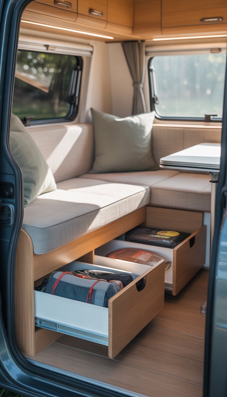 Small camper interior showing seating with sliding storage drawers underneath, with camping gear stored inside.