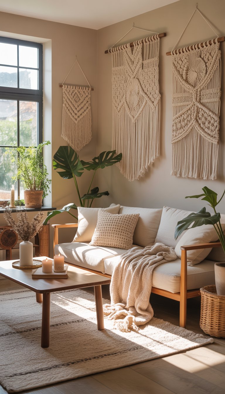 A cozy living room with a sofa, coffee table, indoor plants, and woven wall hangings on the walls.