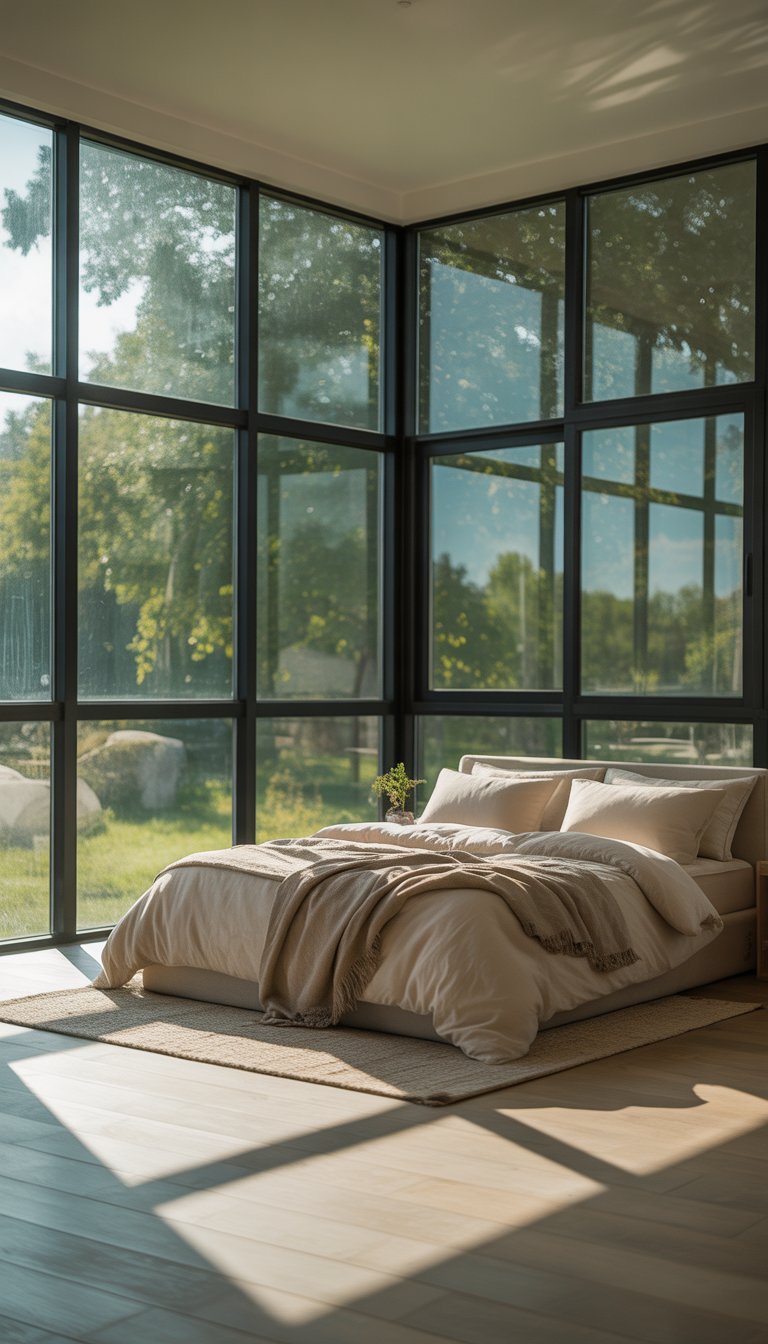 A bright bedroom with large floor-to-ceiling windows letting in natural light, a neatly made bed, and a view of greenery outside.