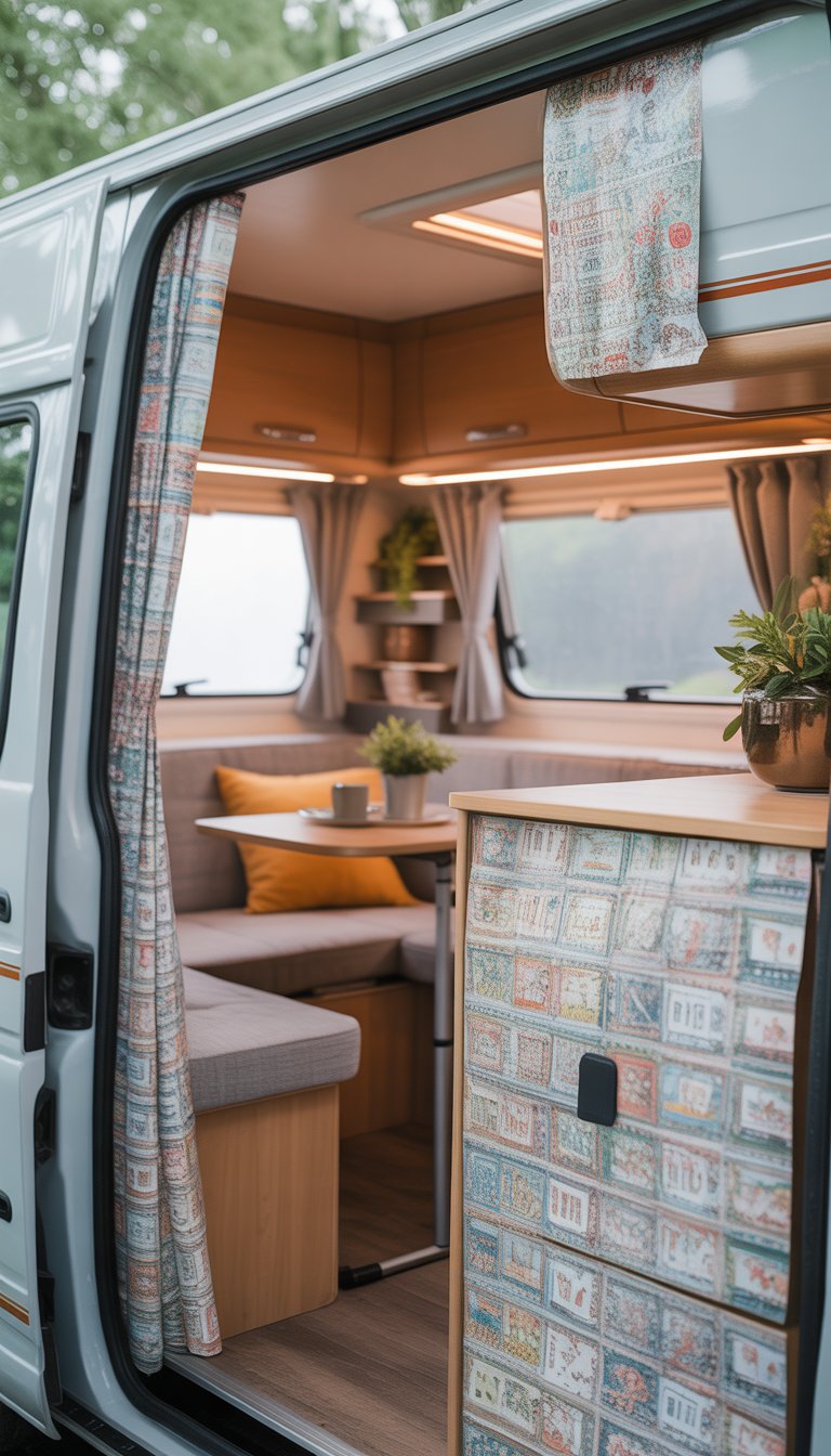 A small camper interior with colorful removable wallpaper, a wooden table, cushioned seating, and plants.