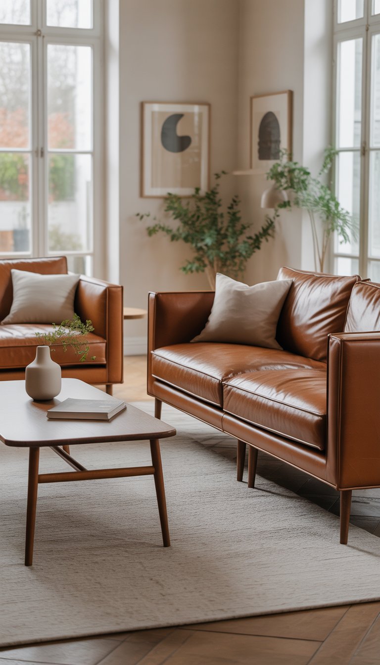 A bright living room with brown leather sofas, a wooden coffee table, and natural light coming through large windows.