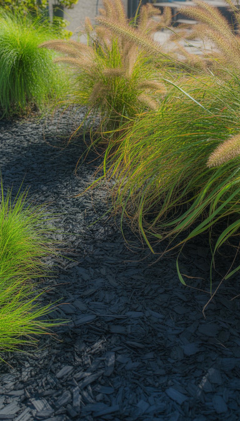 A garden bed with black mulch and ornamental grasses showing movement and contrast.