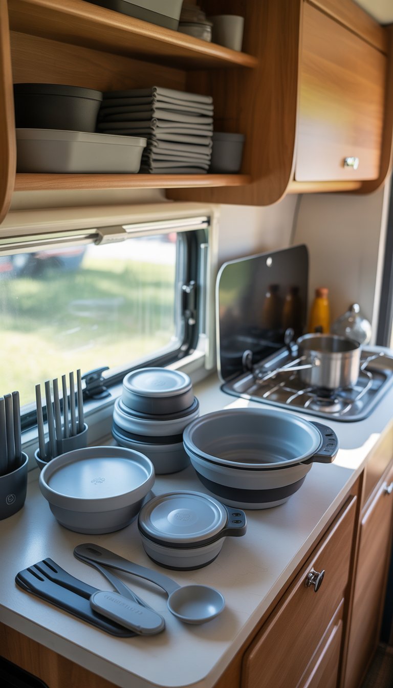 Interior of a small camper kitchen with collapsible kitchenware neatly stored to save space.
