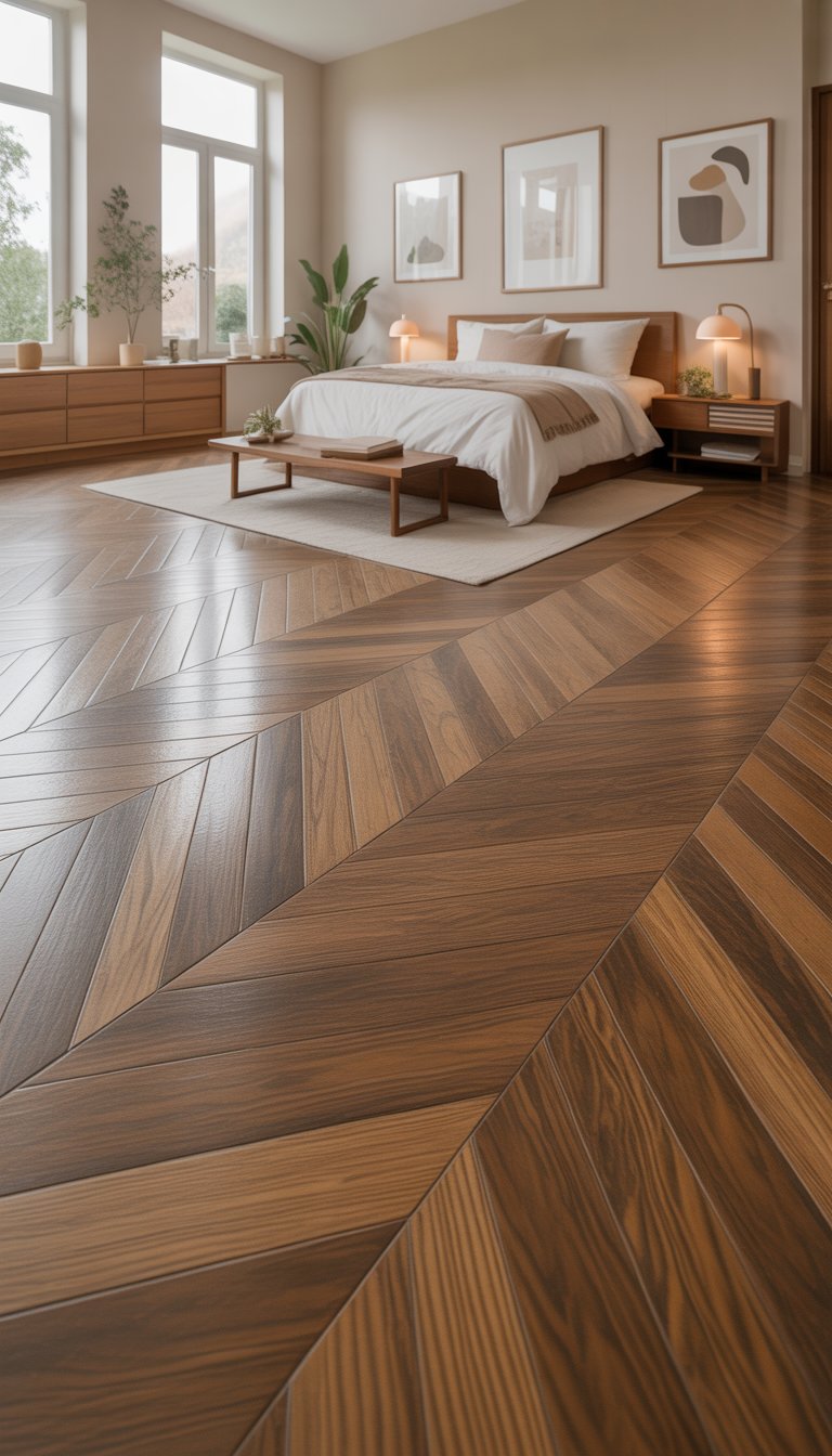A bright bedroom with chevron wood flooring, a bed, nightstand, plants, and large windows letting in natural light.