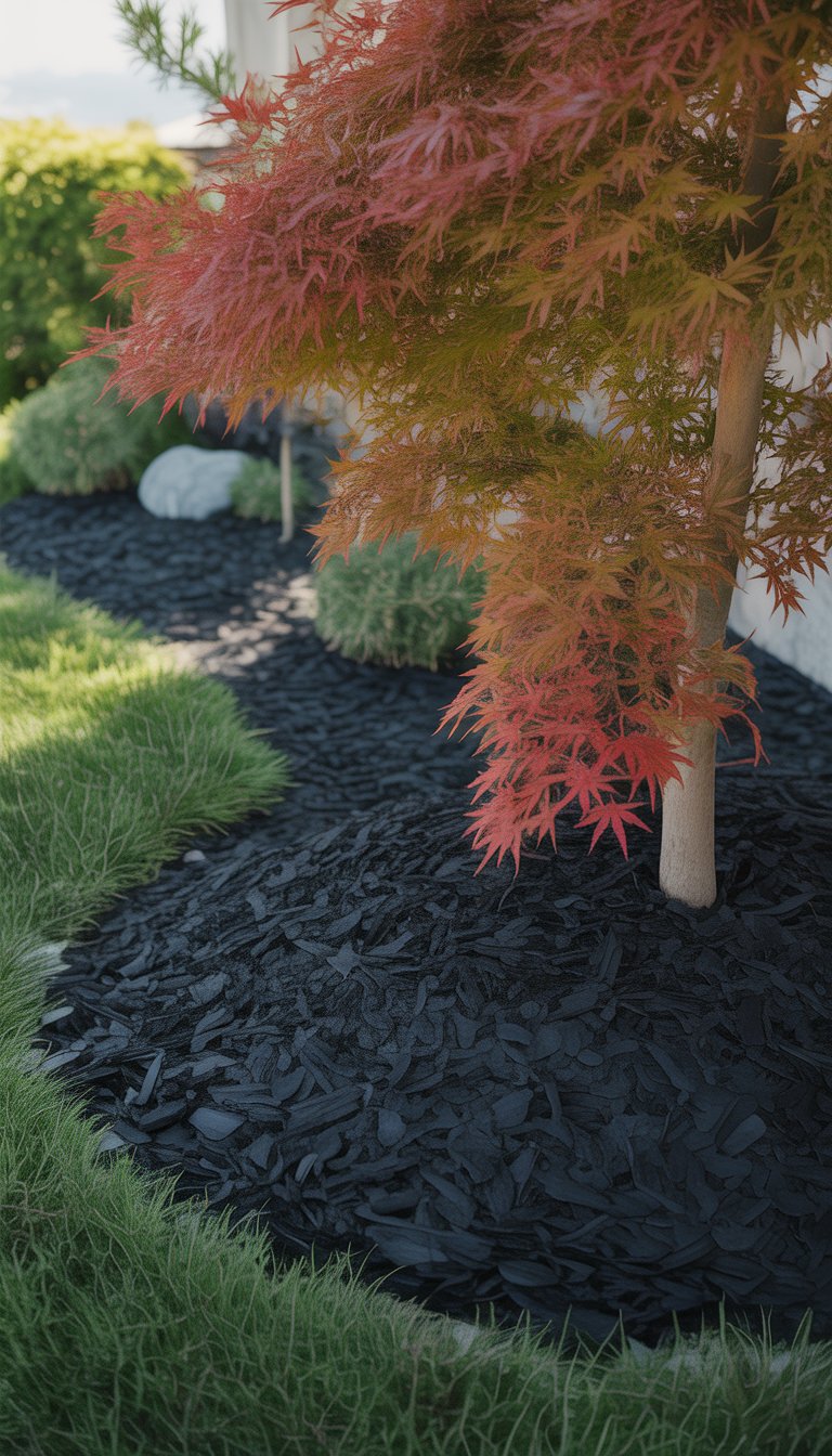 A Japanese maple tree with red and orange leaves planted in black mulch in a garden bed.