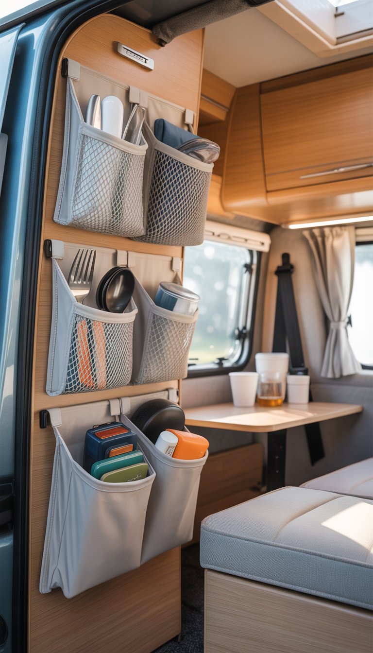 Interior of a small camper with mesh and fabric organizers hanging on the walls filled with camping items.