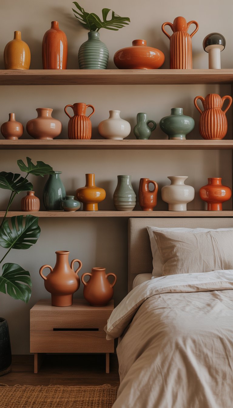 A neatly arranged bedroom with wooden shelves and bedside tables displaying various ceramic vases and planters, with a made bed and natural light filling the room.