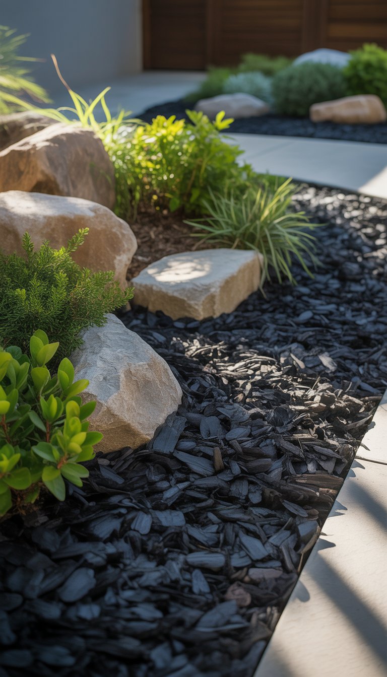 A rock garden with natural stones, green plants, and black mulch covering the ground.
