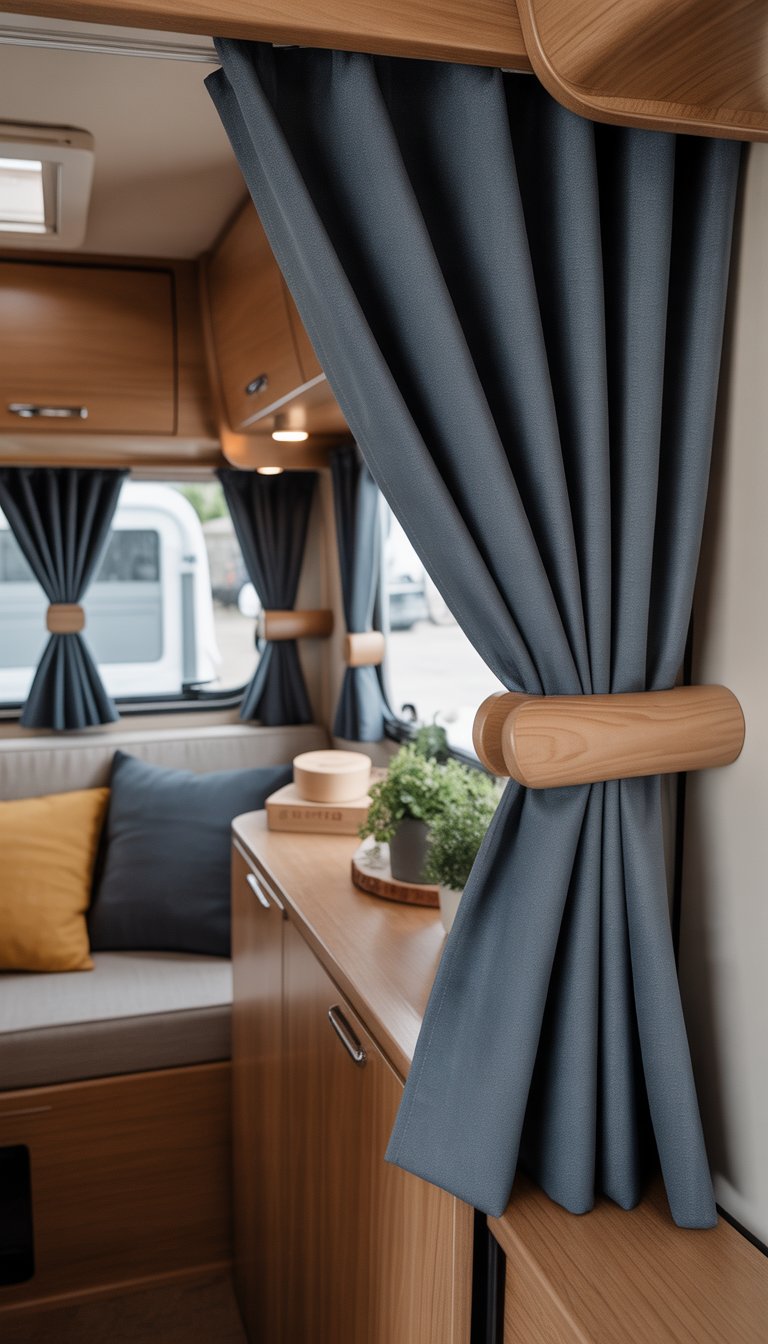 Interior of a small camper with blackout curtains hung on wooden dowels over the windows, showing a cozy and organized living space.