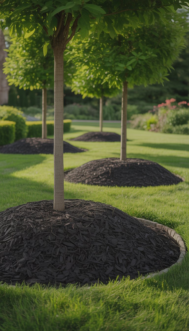A garden with several trees surrounded by neat black mulch borders and green grass.