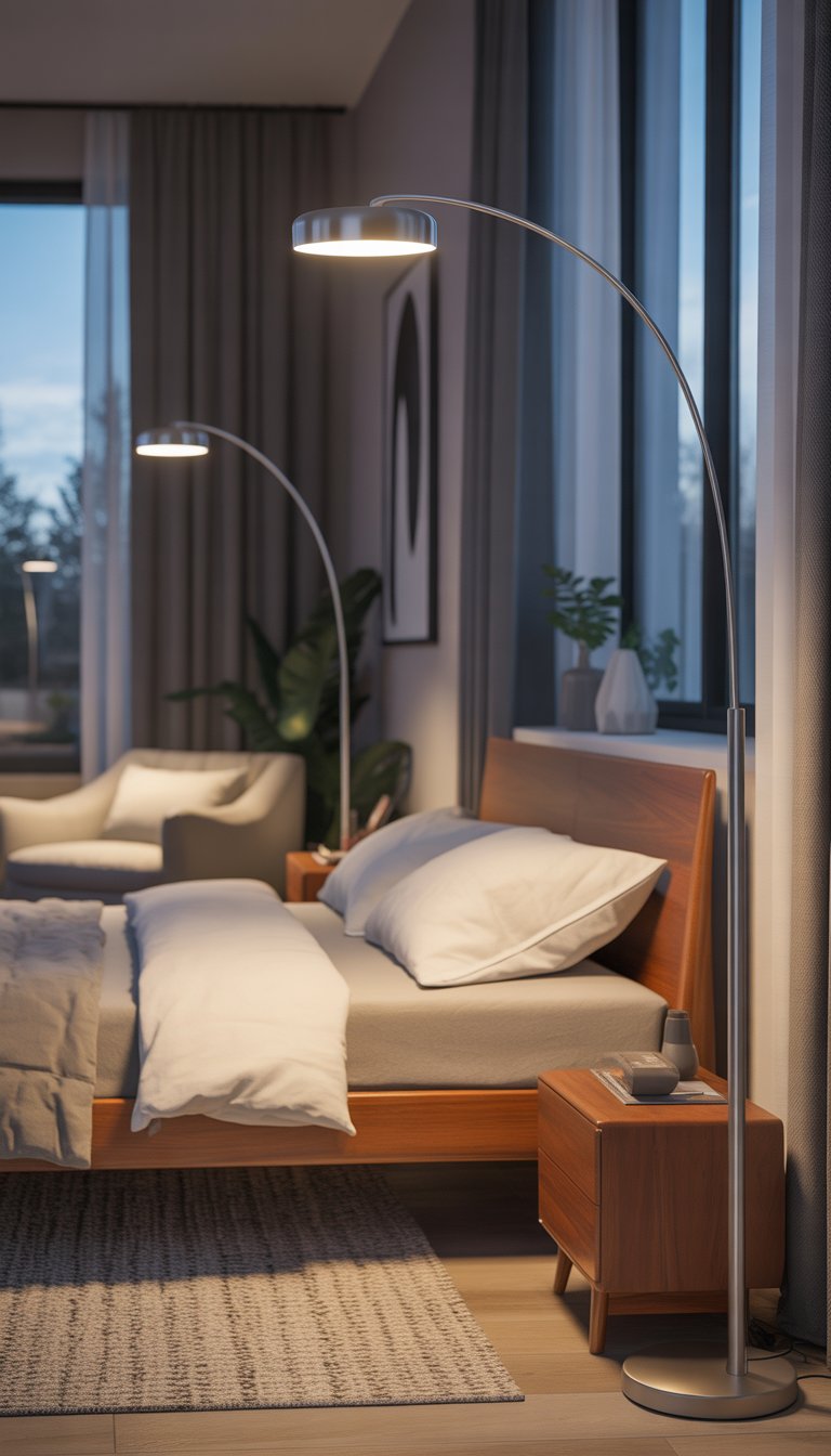 A bright bedroom with a wooden bed, white bedding, and slim floor lamps with curved arms casting soft light.