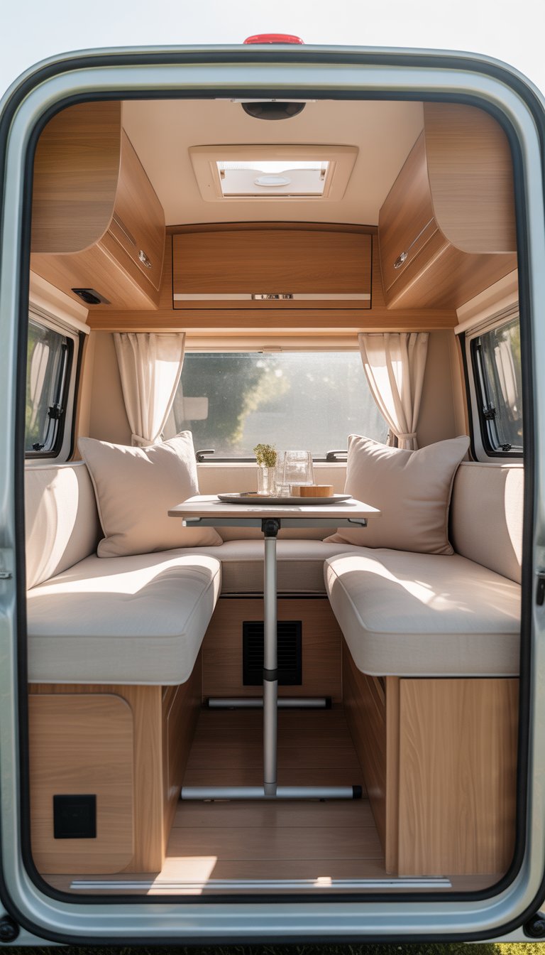 Interior of a small camper with light-colored upholstery, wooden accents, and natural light creating an open and cozy space.
