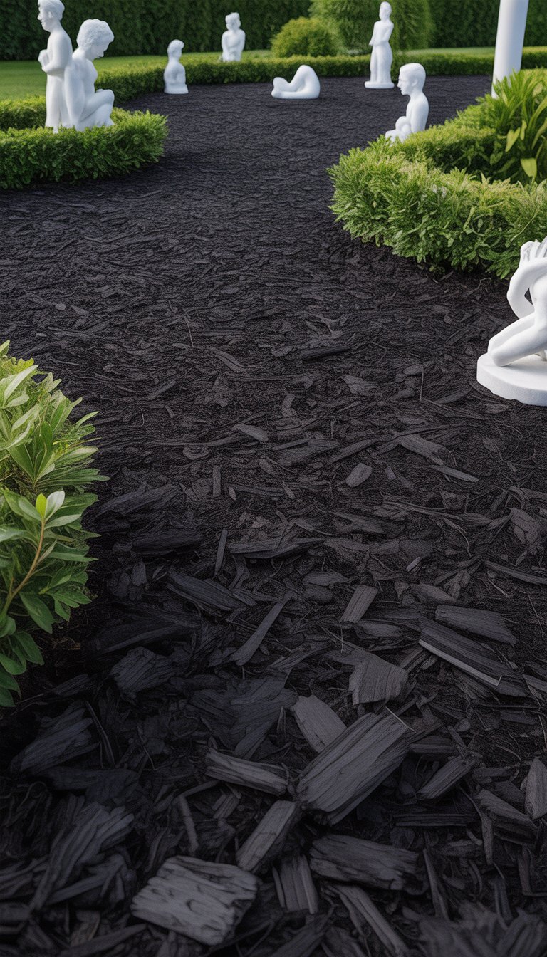 A garden with black mulch and white sculptures surrounded by green plants.