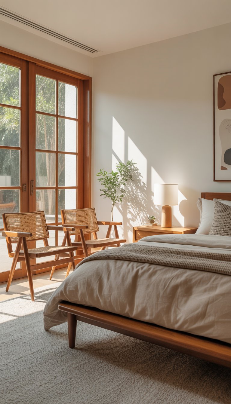 A bright bedroom with chairs that have woven cane backs next to a wooden bedside table and a neatly made bed.