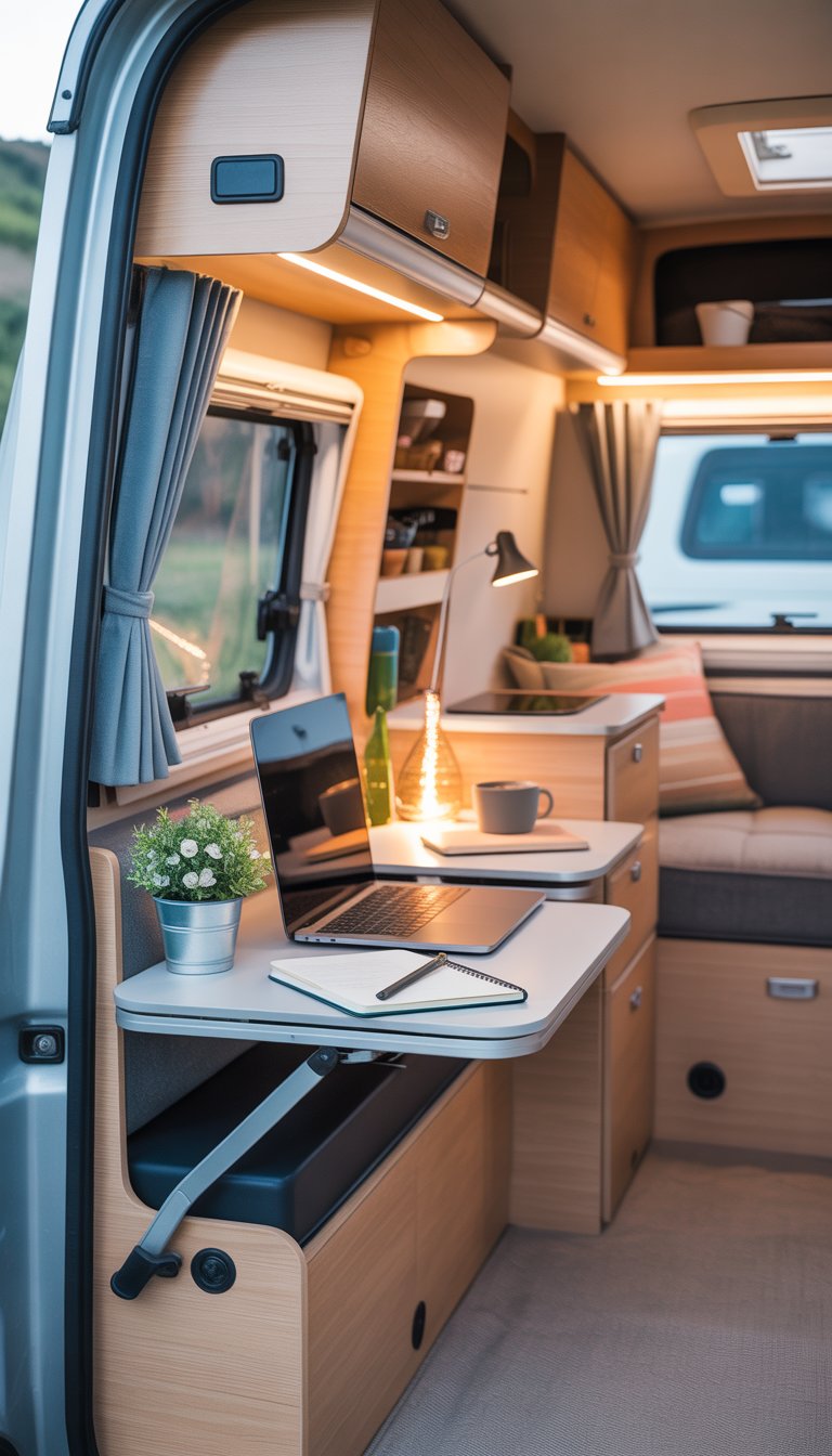 Interior of a small camper with fold-down desks set up as workspaces, featuring light wood cabinets, seating, and natural light coming through windows.